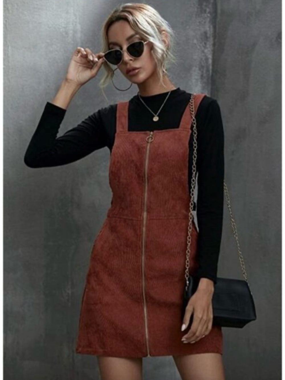 Popular Basics Rust Corduroy Zip-Front Dress Size M